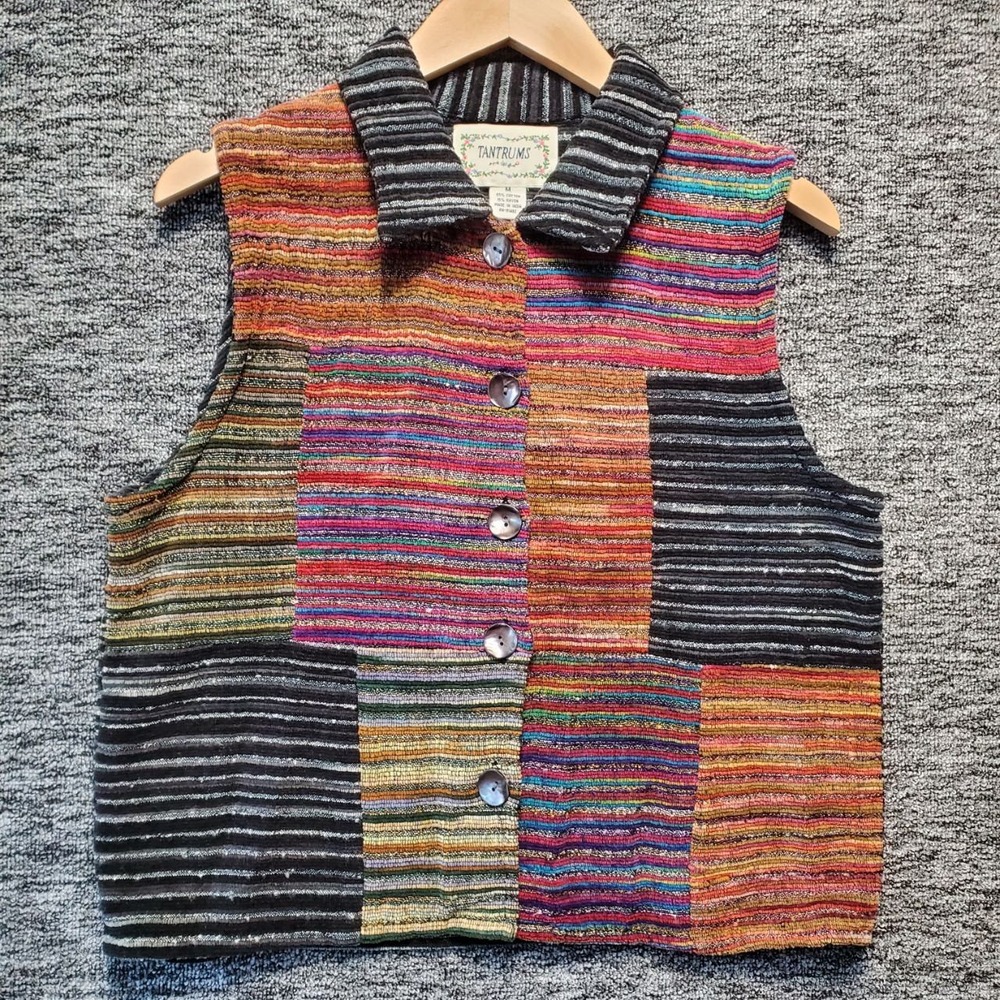 Tantrums Patchwork Chenille Corduroy Vest Womens Medium Multi Color Vtg 90s Boho